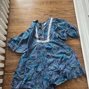 Anthropologie Blue Paisley Short Dress with Lace Trim & Balloon Arms